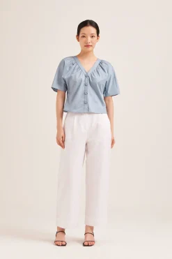 Cotton Gathered Button-Down Blouse