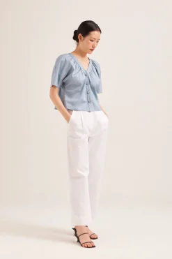 Cotton Gathered Button-Down Blouse
