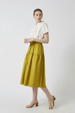 Cotton Gathered Seam Midi Skirt