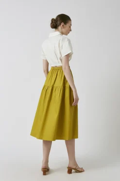 Cotton Gathered Seam Midi Skirt