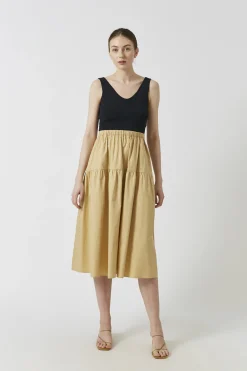 Cotton Gathered Seam Midi Skirt