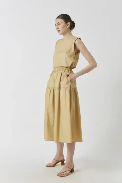 Cotton Gathered Seam Midi Skirt