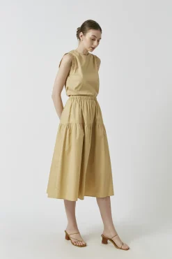 Cotton Gathered Seam Midi Skirt