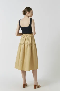 Cotton Gathered Seam Midi Skirt