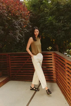 Cotton Pleat Full-Length Pants