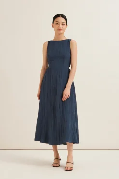 Crinkled Boat-Neck Maxi Dress
