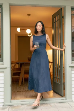 Crinkled Boat-Neck Maxi Dress