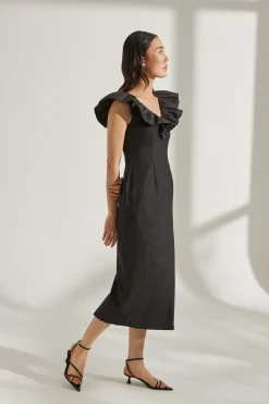 Fitted Ruffle V-Neck Midi Dress