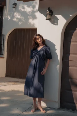 Gathered V-Neck Cotton Dress