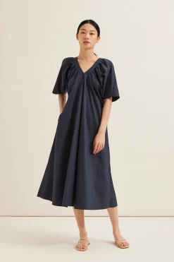 Gathered V-Neck Cotton Dress