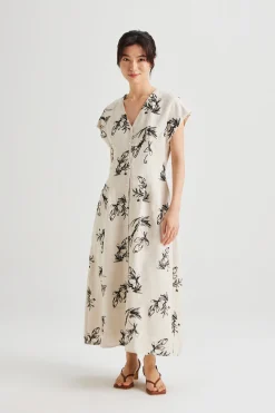 Linen Embroidered Cap Sleeve Dress