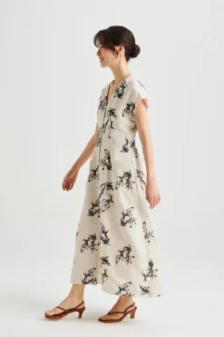 Linen Embroidered Cap Sleeve Dress