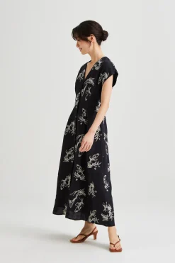 Linen Embroidered Cap Sleeve Dress
