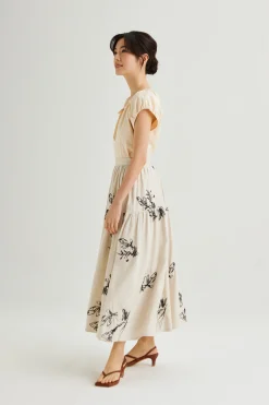 Linen Embroidered Midi Skirt
