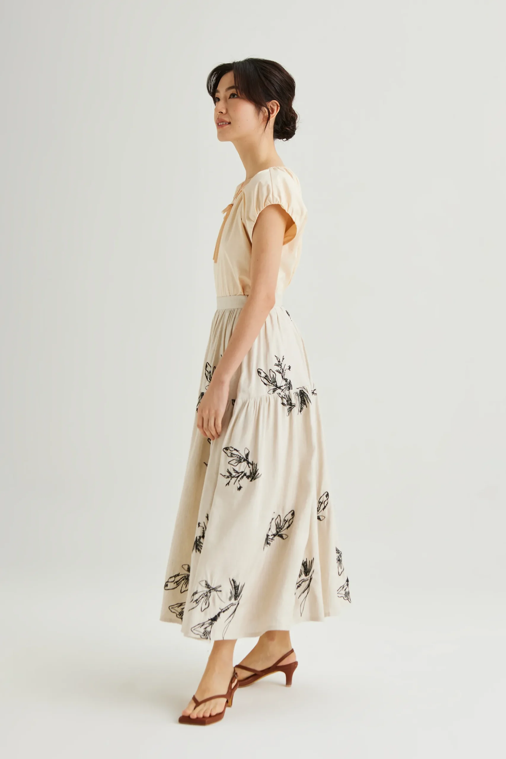 Linen Embroidered Midi Skirt