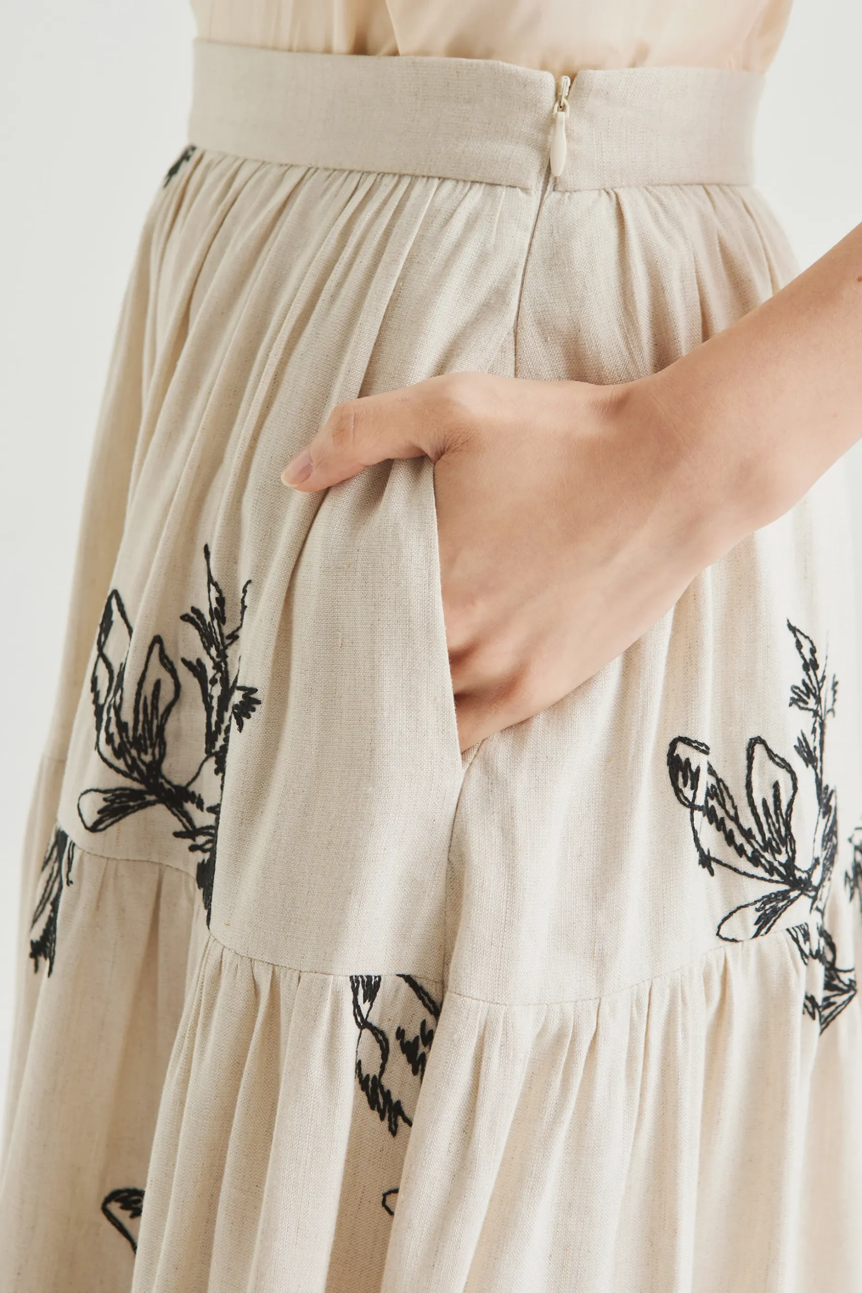 Linen Embroidered Midi Skirt