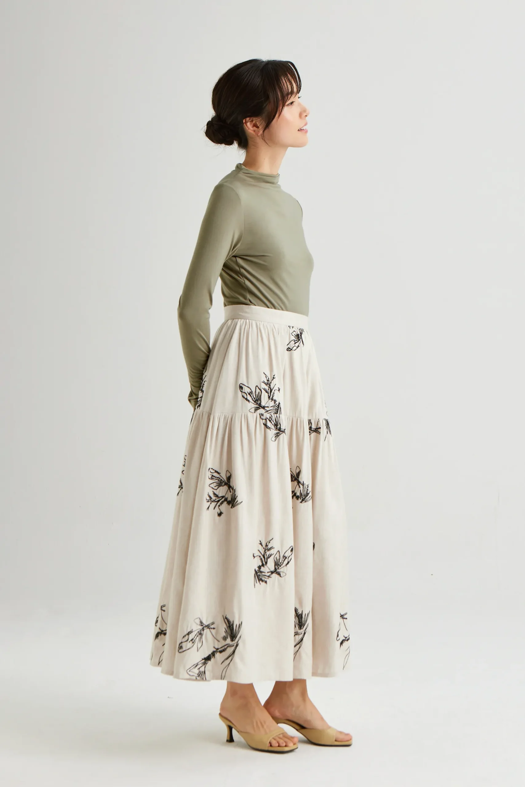 Linen Embroidered Midi Skirt