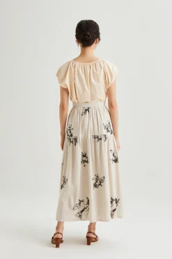 Linen Embroidered Midi Skirt