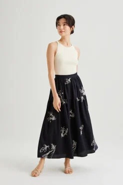 Linen Embroidered Midi Skirt