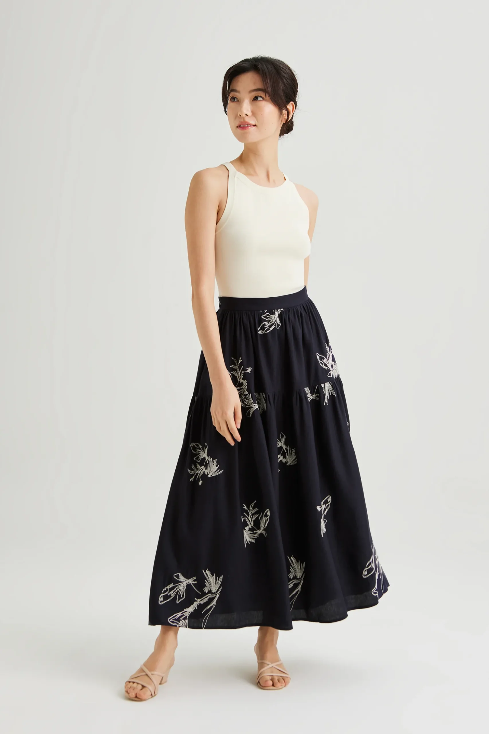 Linen Embroidered Midi Skirt