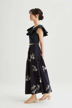 Linen Embroidered Midi Skirt