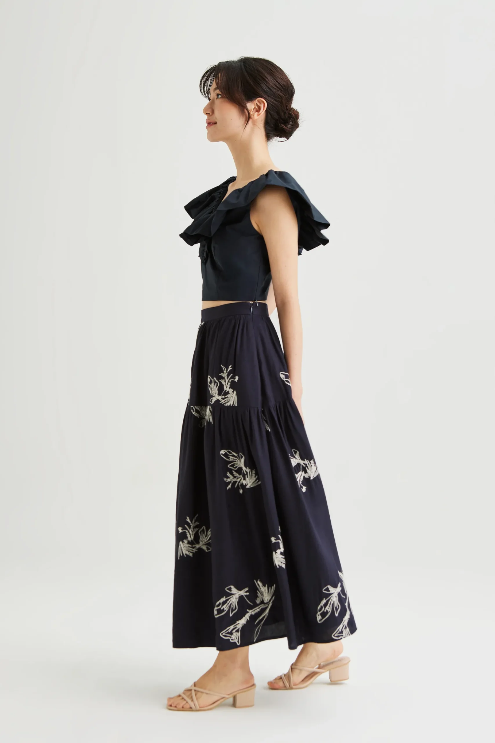 Linen Embroidered Midi Skirt