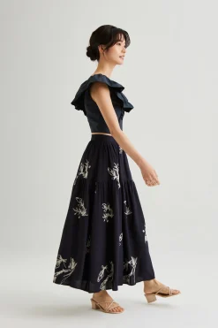 Linen Embroidered Midi Skirt