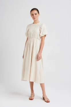 Linen Gathered Puff Sleeve Dress