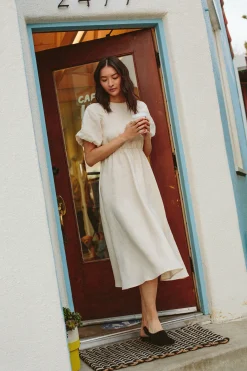 Linen Gathered Puff Sleeve Dress