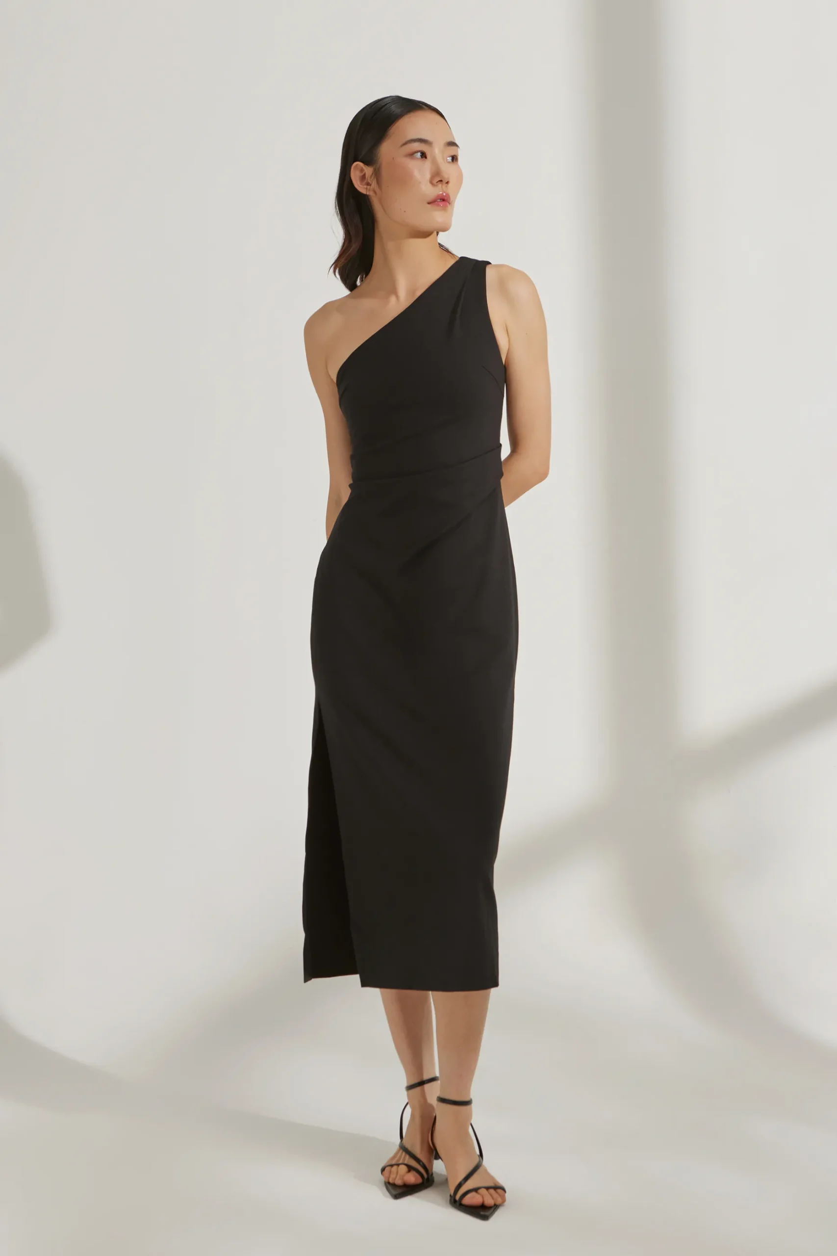 One-Shoulder Jersey Pleat Dress