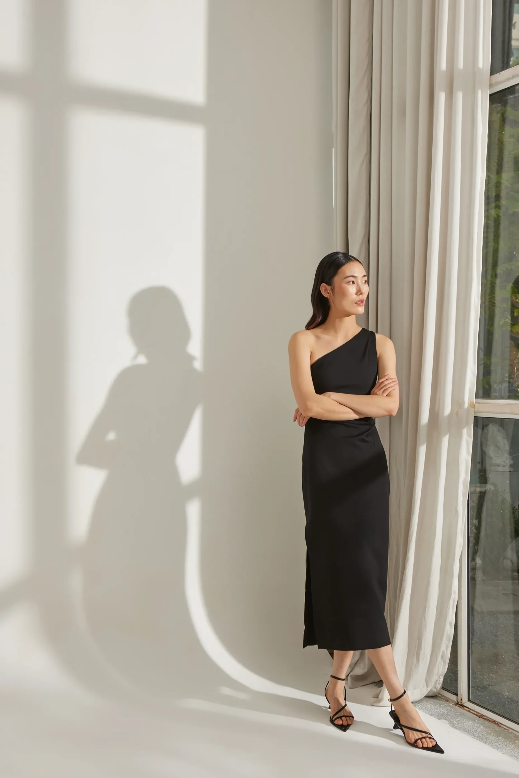 One-Shoulder Jersey Pleat Dress