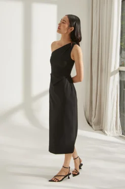 One-Shoulder Jersey Pleat Dress