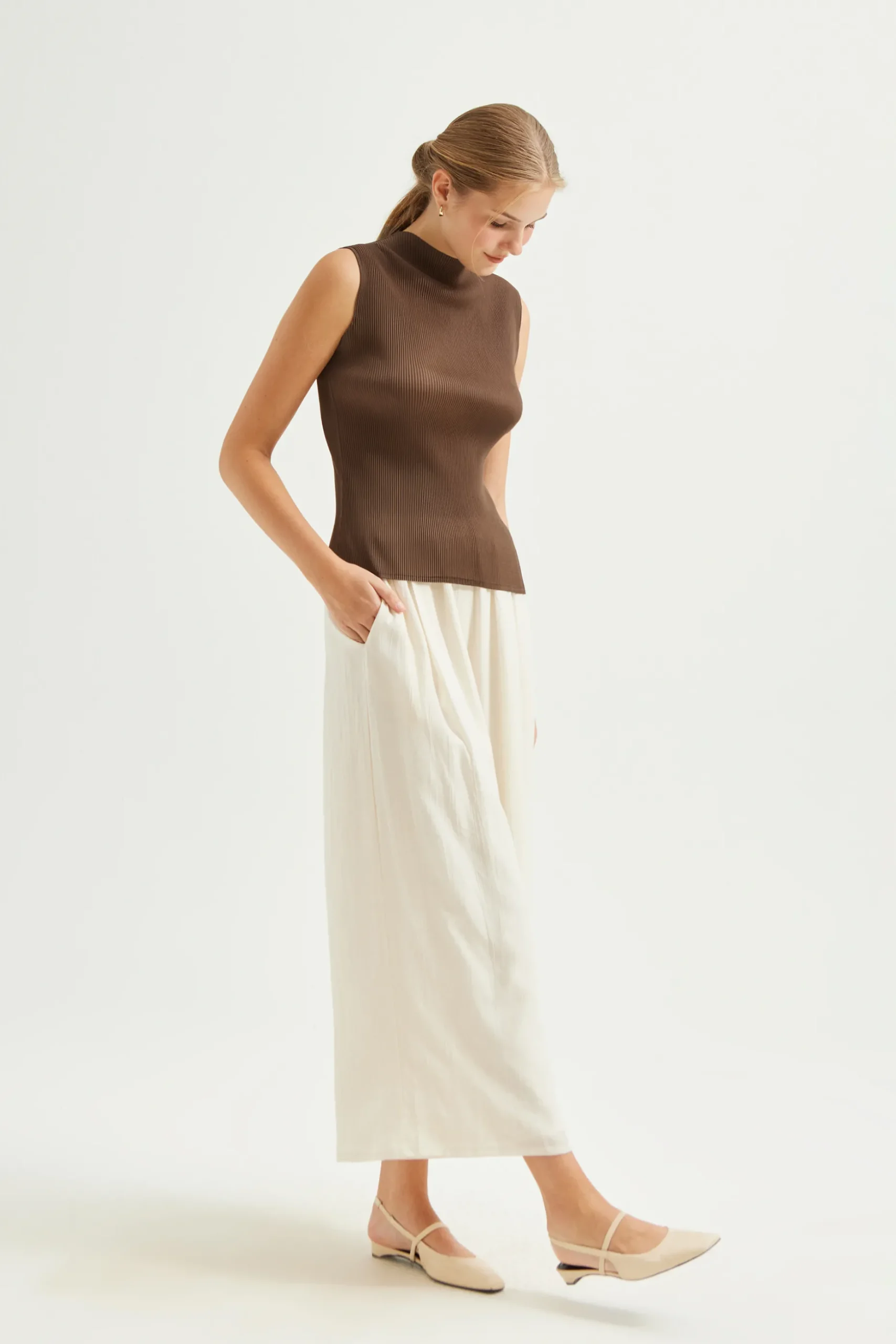 Plissé Pleated Mock-Neck Top