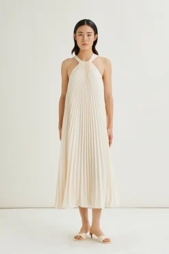 Sunray-Pleated Halter Dress