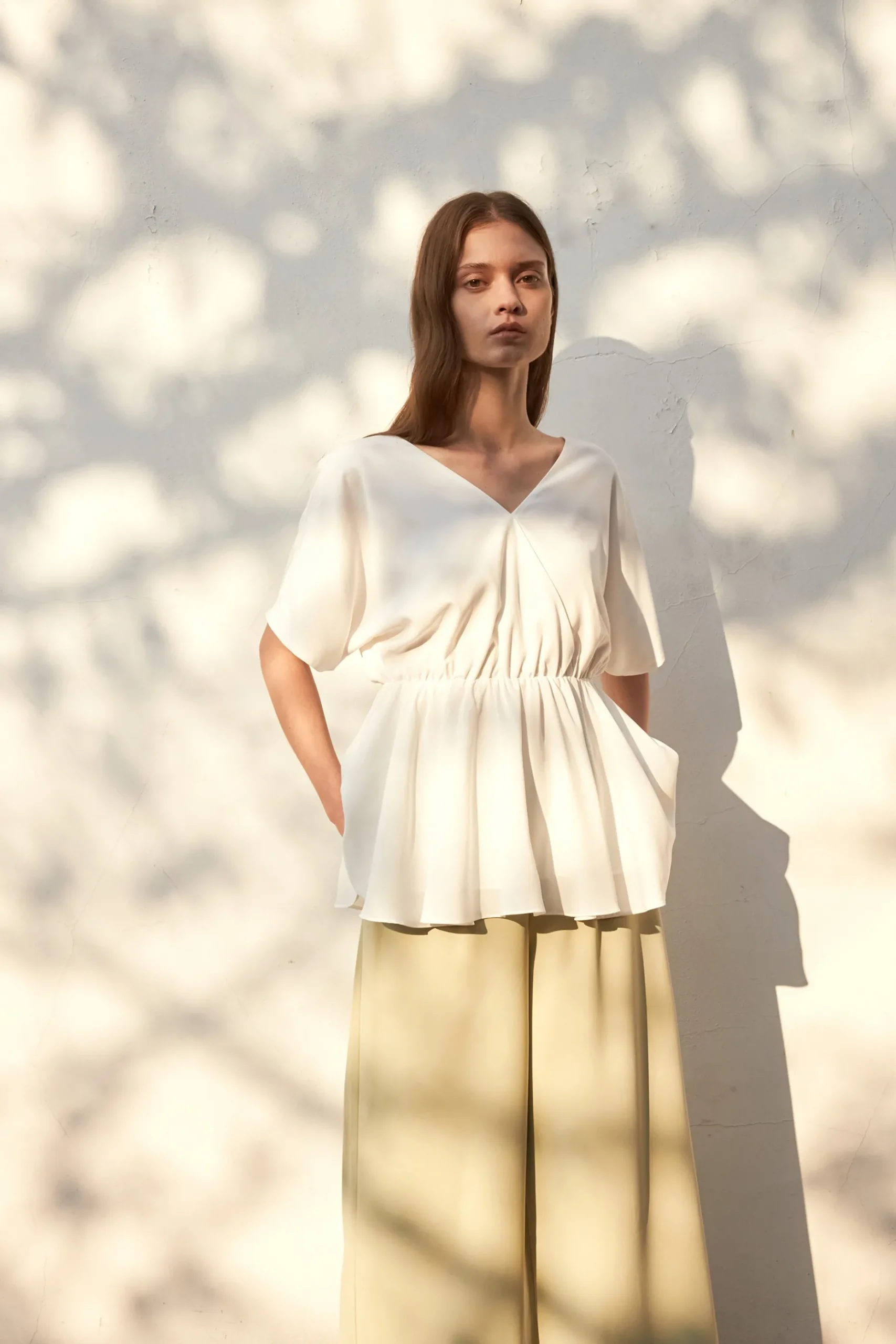 V-Neck Gathered Peplum Blouse