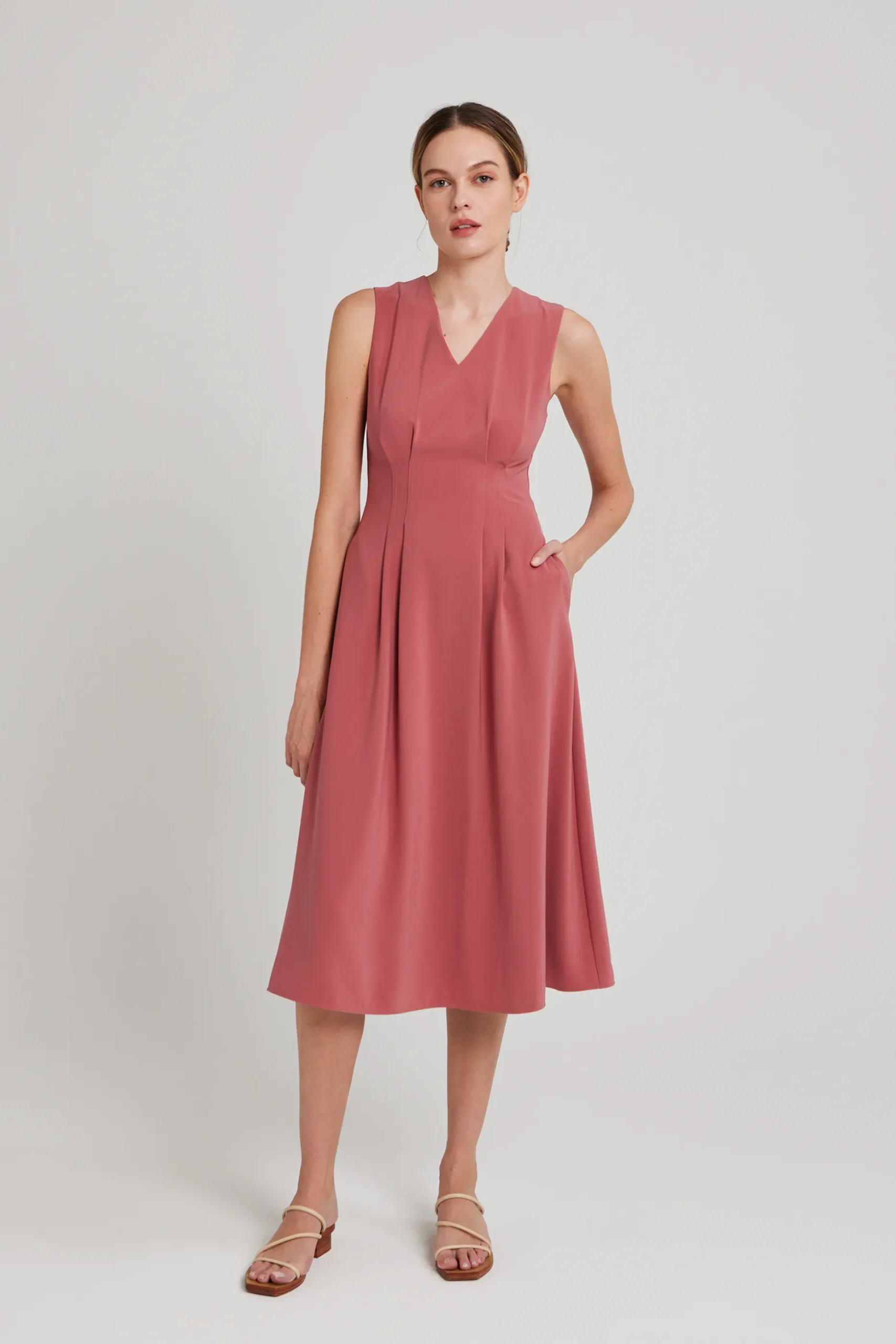 V-Neck Pleated Midi Dress