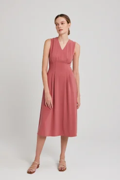 V-Neck Pleated Midi Dress