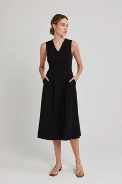 V-Neck Pleated Midi Dress